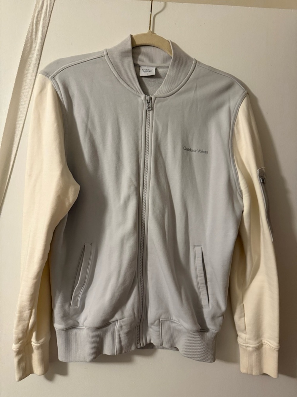 Outdoor Voices Two-Tone Bomber Jacket in Light Blue Grey & Cream